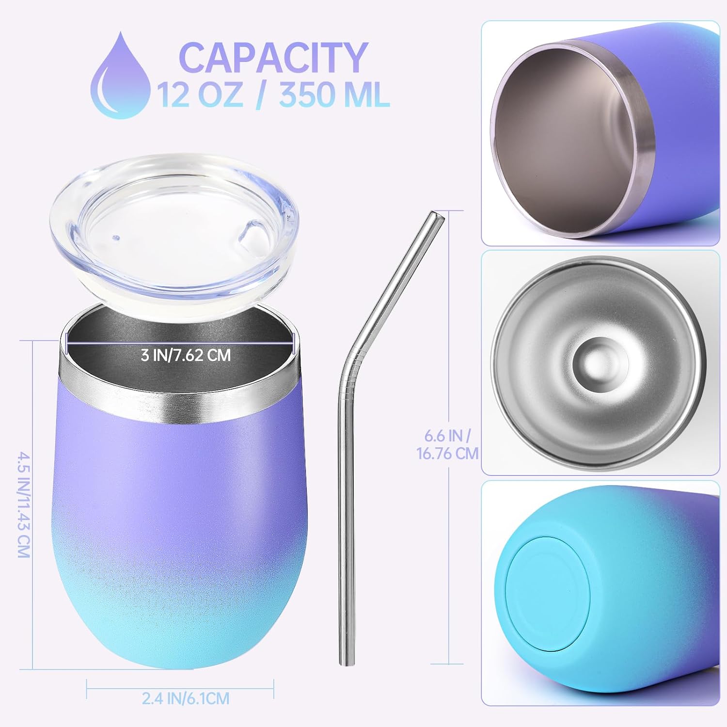 Volhoply 12oz Stainless Steel Wine Tumbler with Lid Bulk 4 Pack,Double Wall Vacuum Stemless Wine Glasses,Reusable Metal Travel Coffe Mug with Straw,Insulated Cup Gifts for Christmas(Purple Bule,4 Set) - Image 2