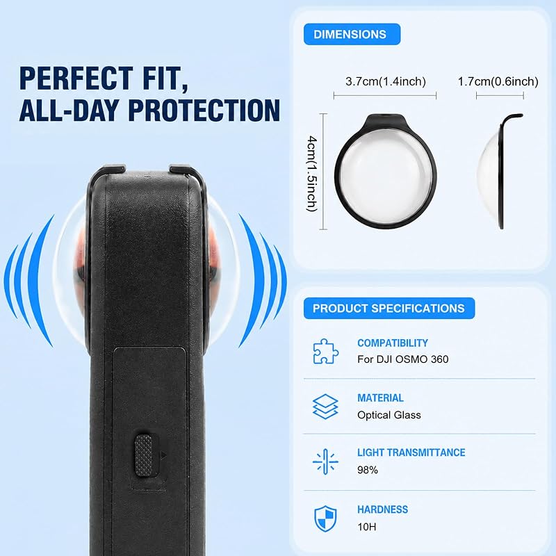 Premium Lens Cover for DJI Osmo 360, 10H Tempered Glass Lens Cap | Waterproof Dustproof Anti-scratch Lens Protector, 98% High Transmittance for Clearer Image Osmo 360 Camera Lens Guard
