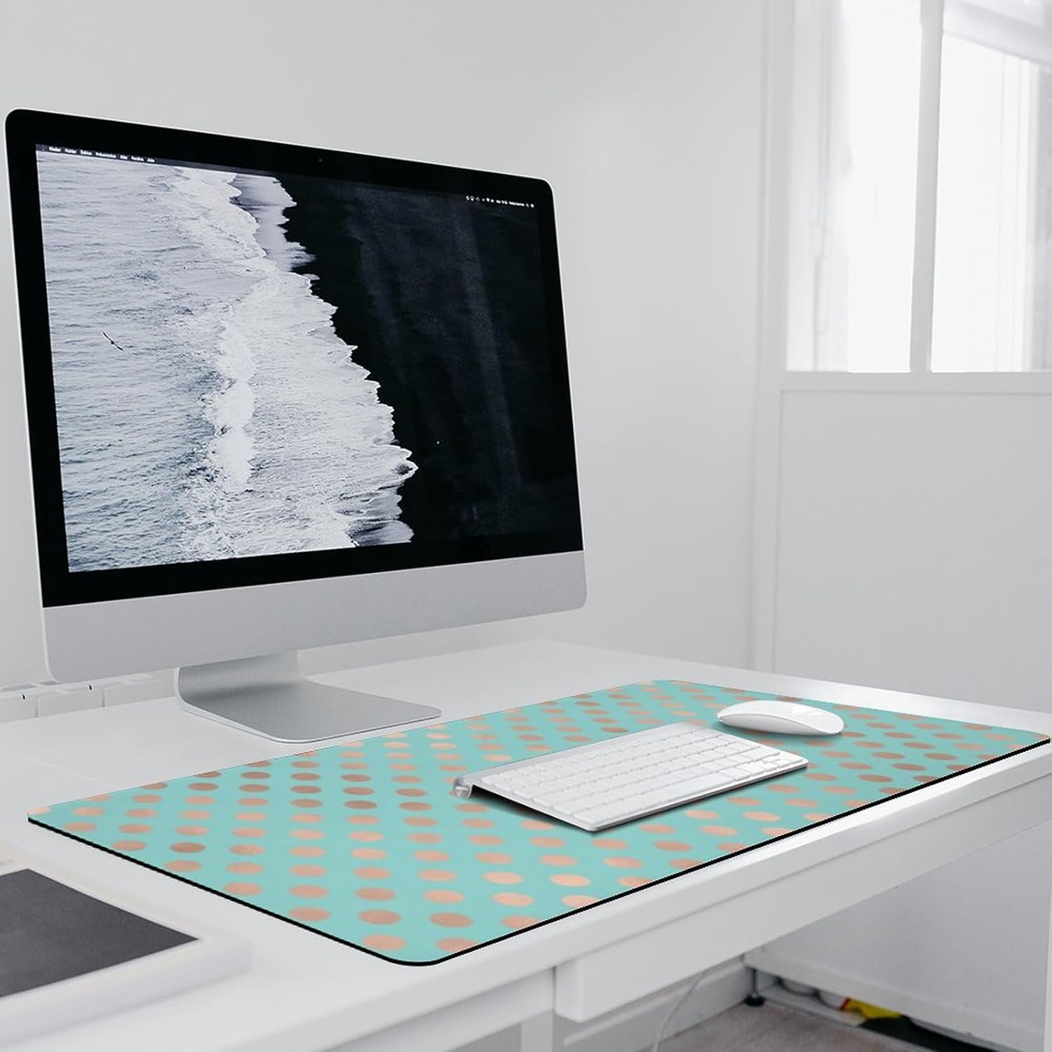 Desk Mat Large Mouse Pads, Polka Dots Rose Gold Blush Aqua Blue Desk Pad with Stitched Edges Writing Mat for Computer Laptop, Office Desktop & Gamer Keyboard 16 x 36inch
