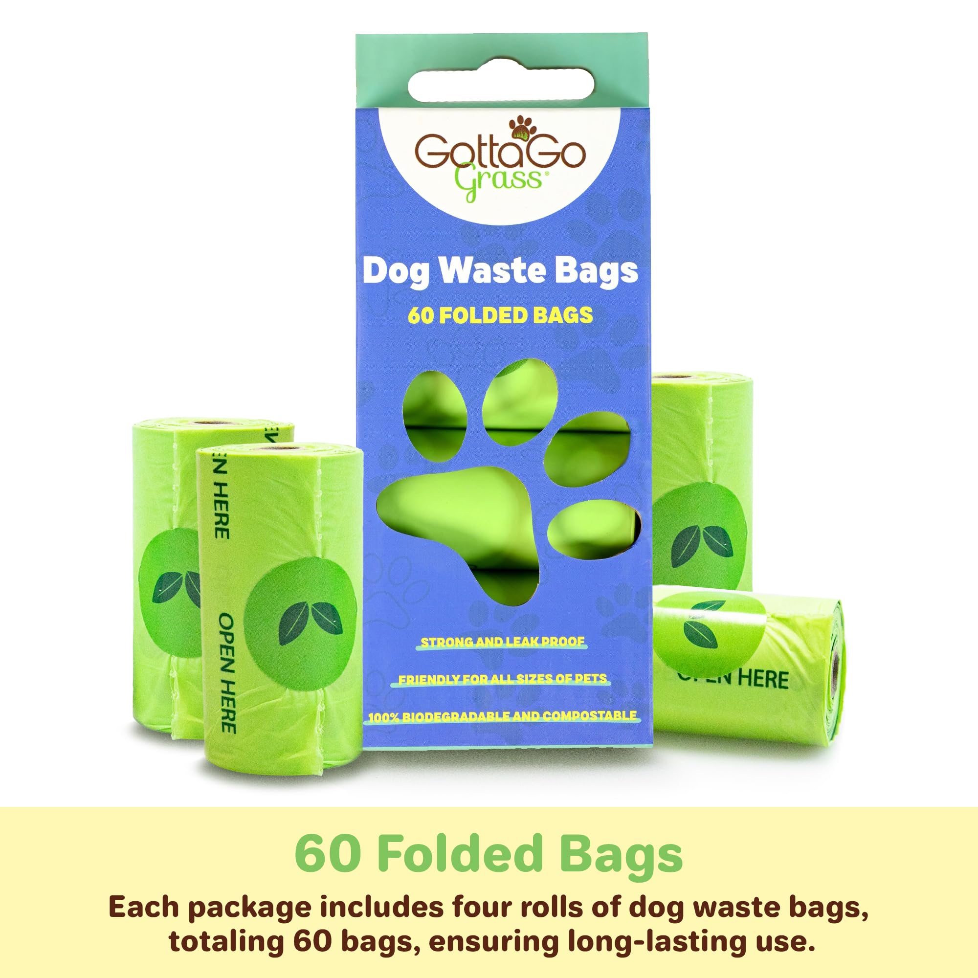 Gotta Go Grass Dog Poop Bags Rolls - 60 Biodegradable Dog Waste Bags - Easy To Open, Leak-Proof and Durable - Eco Friendly Pet Bags
