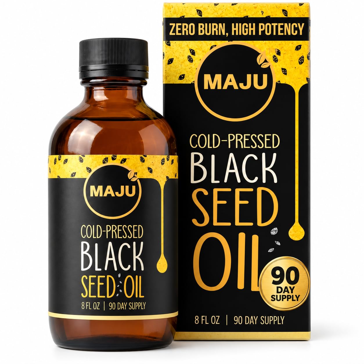 MAJU Black Seed Oil - High Thymoquinone, Wild Turkish Harvest, Cold-Pressed, 100% Black Cumin Seed Oil, Liquid Pure Blackseed, Glass Bottle, 8 oz