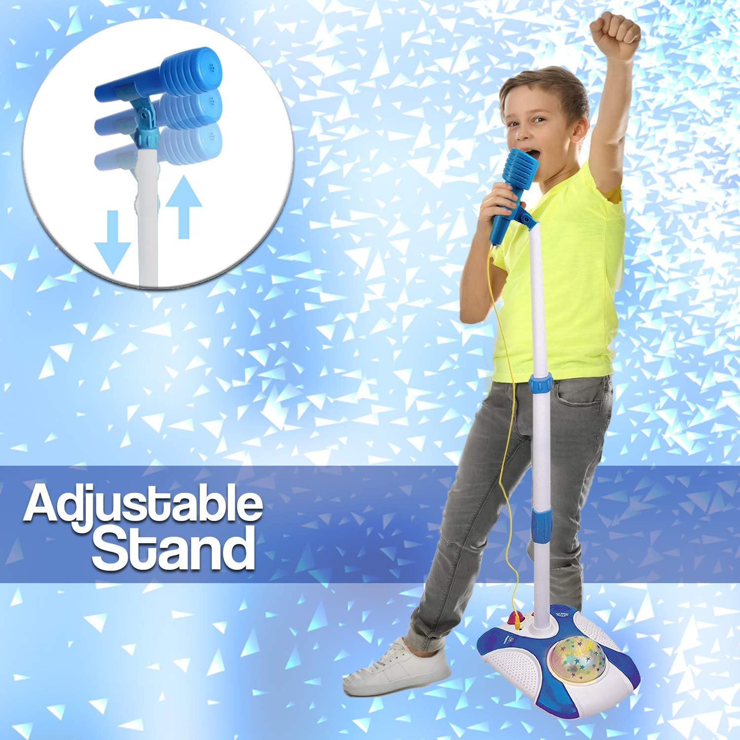 Karaoke Disco Light Adjustable Mic & Speaker Stand! Includes 12 pre-Loaded Popular Songs and Connects to iPods, Smartphones & MP3 Players (Blue)