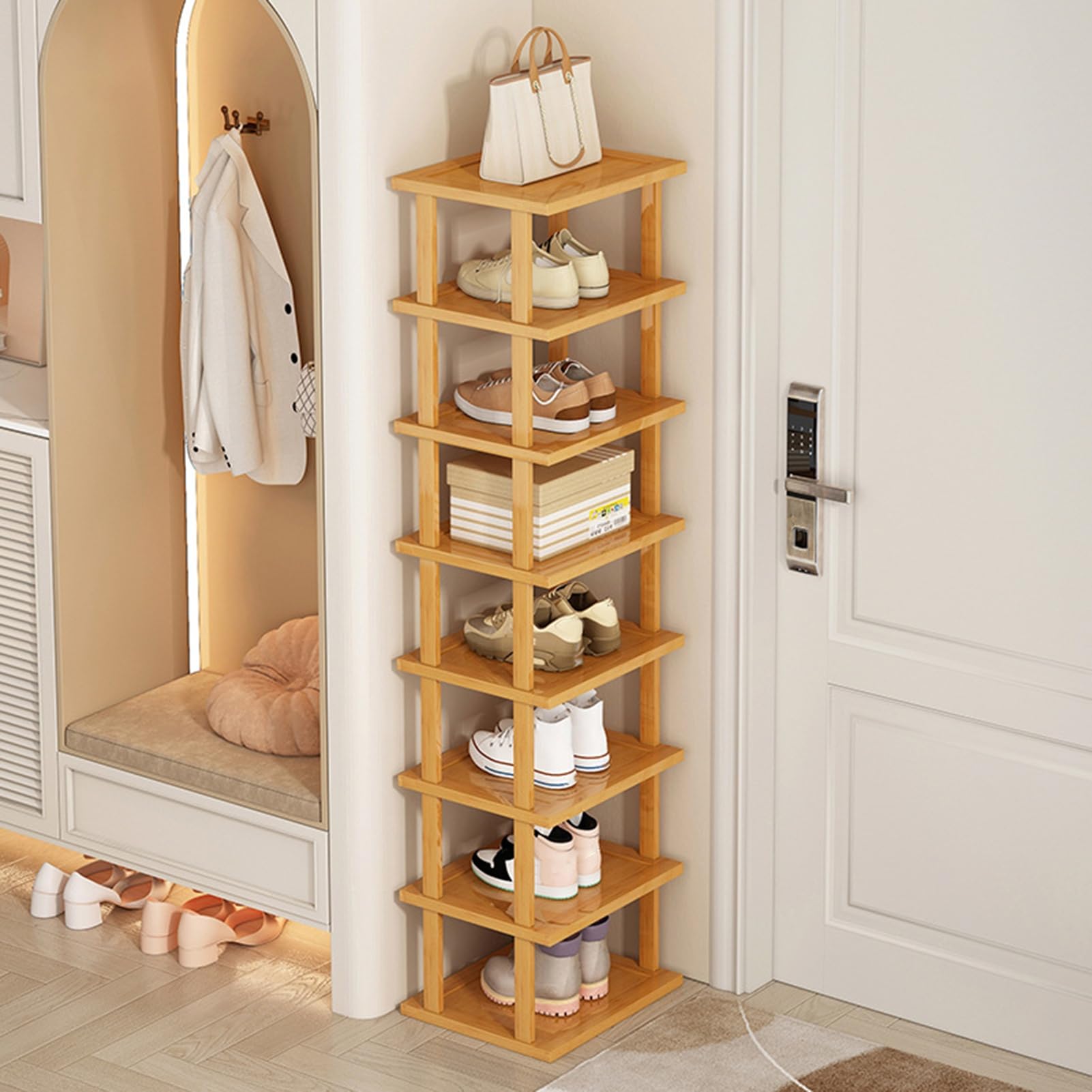 Shienfir 5/7/8 Tiers Wood Narrow Shoe Rack, Detatchable Shoe Storger,Vertical Shoe Organizer Space Saving Corner Shoe Shelf,Tall Shoe Tower,Free Standing for Entryway,No-Tool Assembly 7 Tiers