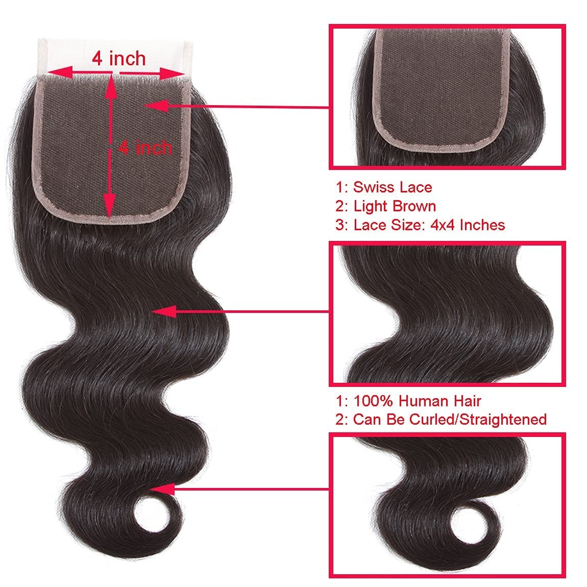 Body Wave Bundles with Closure Brazilian Human Hair Bundles with Closure (16 18 20+14 Free Part) Pre Plucked 4x4 Lace Closure with 3 Bundles Human Hair Weave