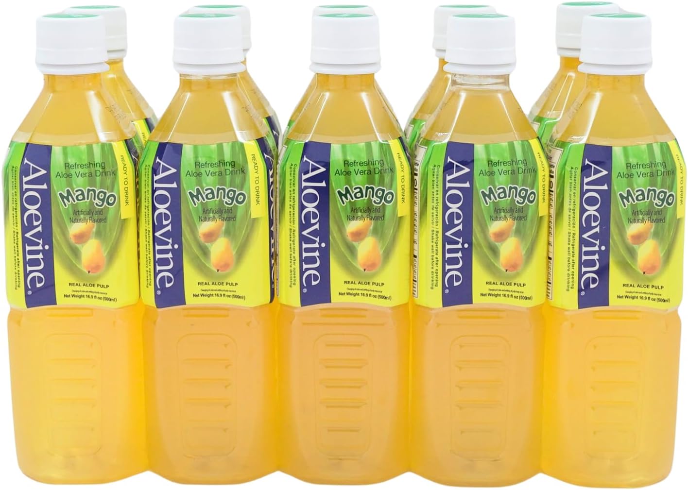 Aloevine Aloe Vera Drink Mango healthy juice pure with chunks of aloe l 16.9 oz. 10 pack l plant based Vegetable Korean drinks