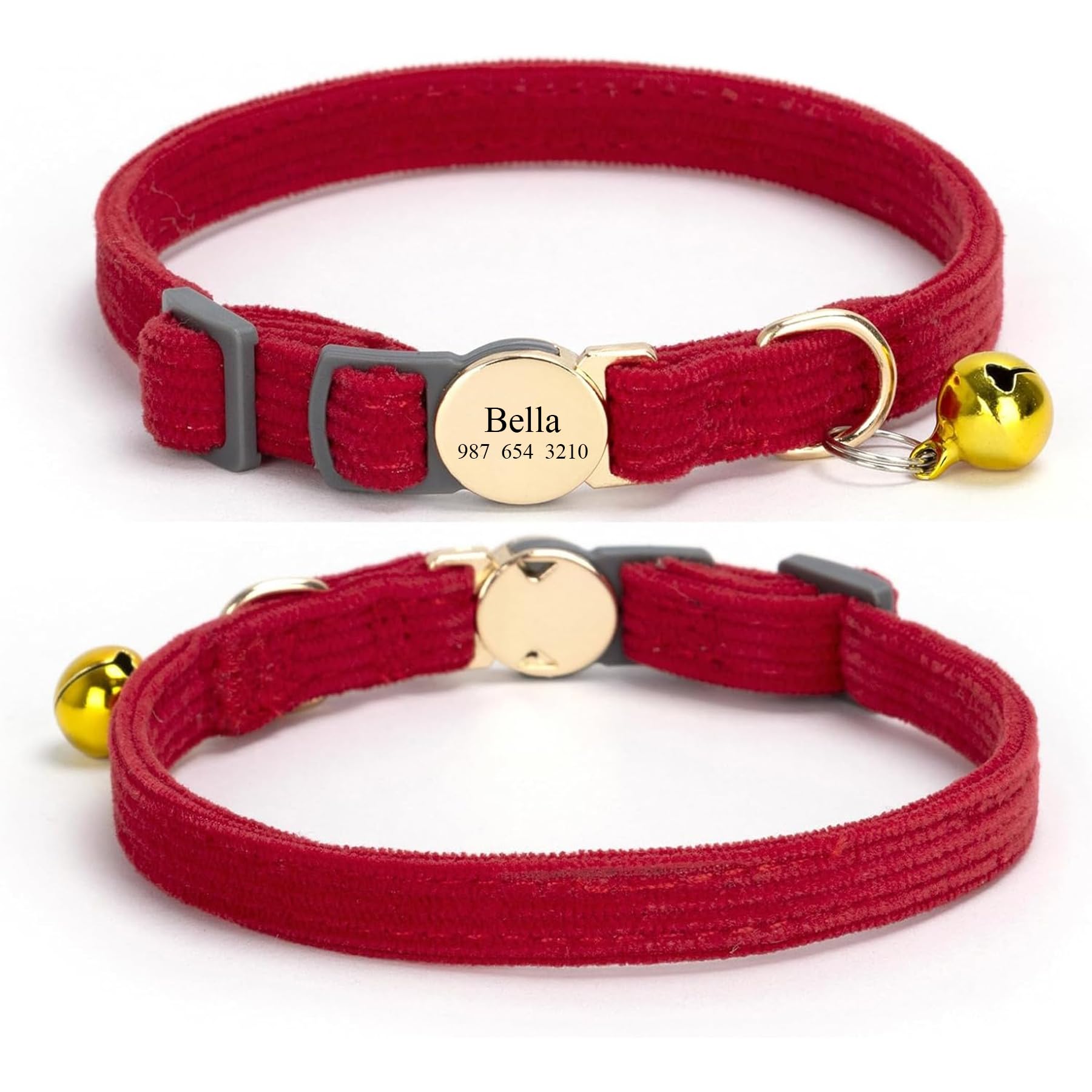 Collar de Gato Personalizado con Campana, Nombre Grabado Personalizado y número de teléfono, Tela Ajustable Suave, Hebilla de liberación rápida Breakaway