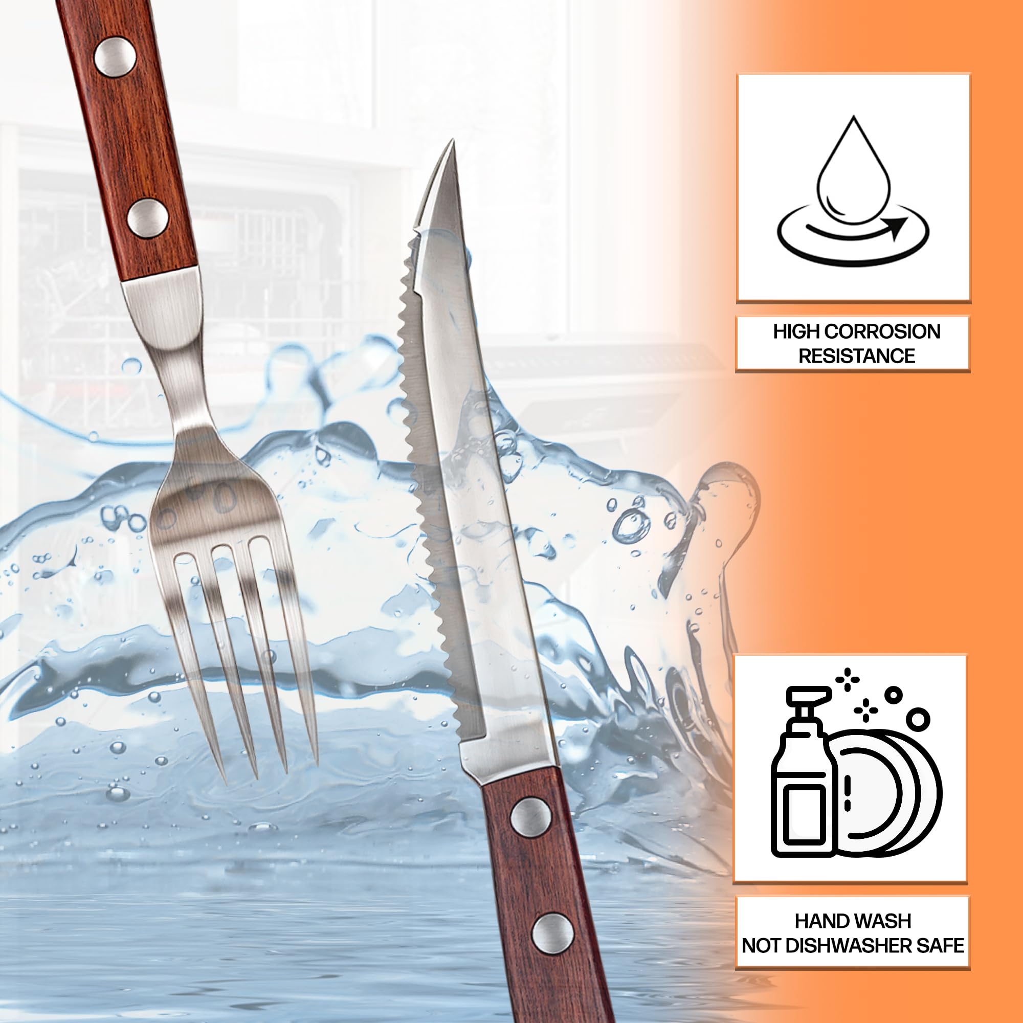 Posate da bistecca acciaio inox legno 12 pezzi con 6 pezzi di coltelli da bistecca e 6 pezzi di forchette da bistecca