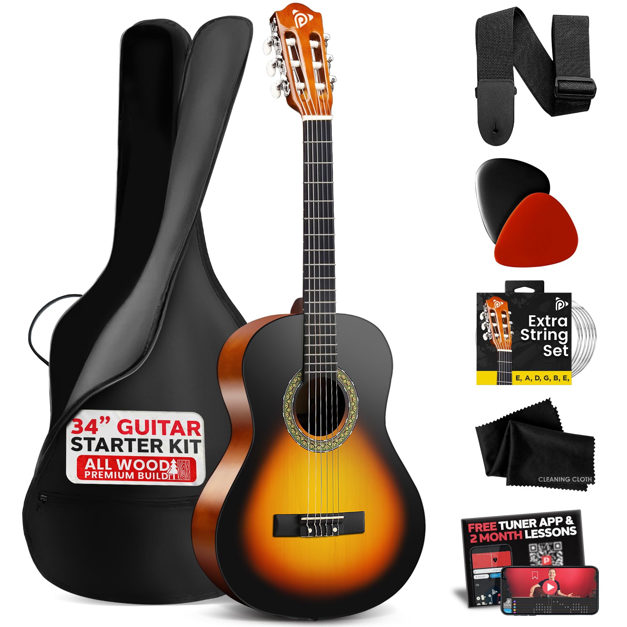 Pyle Beginner Acoustic Guitar Kit, 1/2 Junior Size All Wood Instrument for Kids, Adults, 34" Sunburst Teardrop Matte