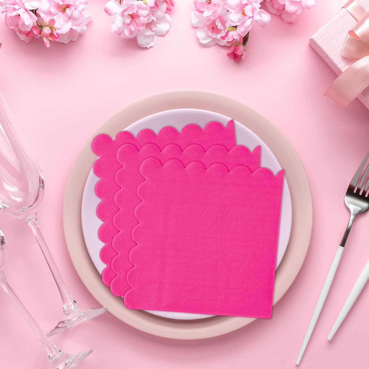 Whaline 100 Pcs Hot Pink Cocktail Napkins Scalloped Paper Napkin Thick Disposable Dessert Beverage Napkin for Wedding Birthday Bridal Baby Shower Bachelorette Party Supplies Table Decor