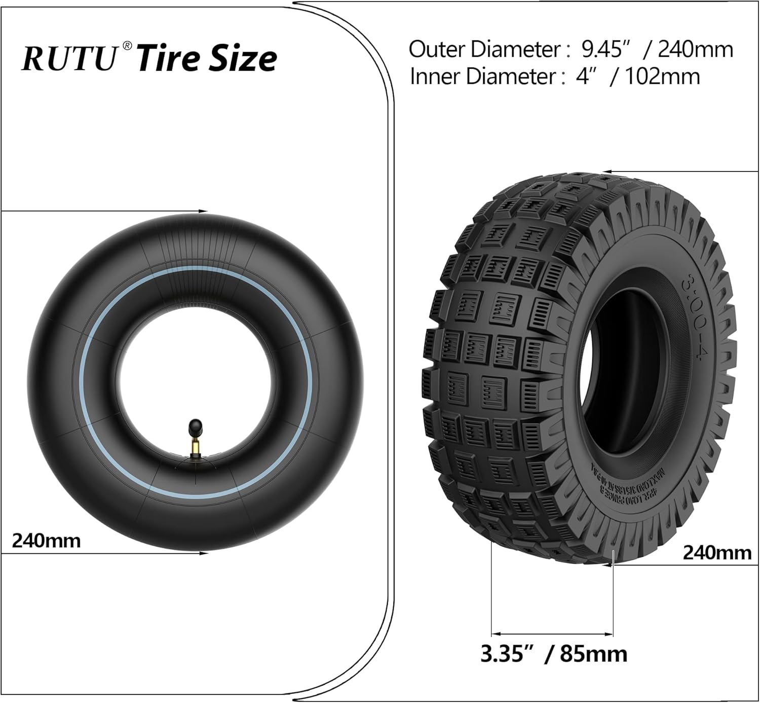 RUTU Knobby Tread 3.00-4 Tire & Inner Tube - For Offroad Go Kart, ATV, Scooter, Utility Dolly, Hand Truck Tires, 4 Wheeler Vehicle - Durable, 3.00-4 260x85 10x3" Size, Max Load 375lbs - 2 Set