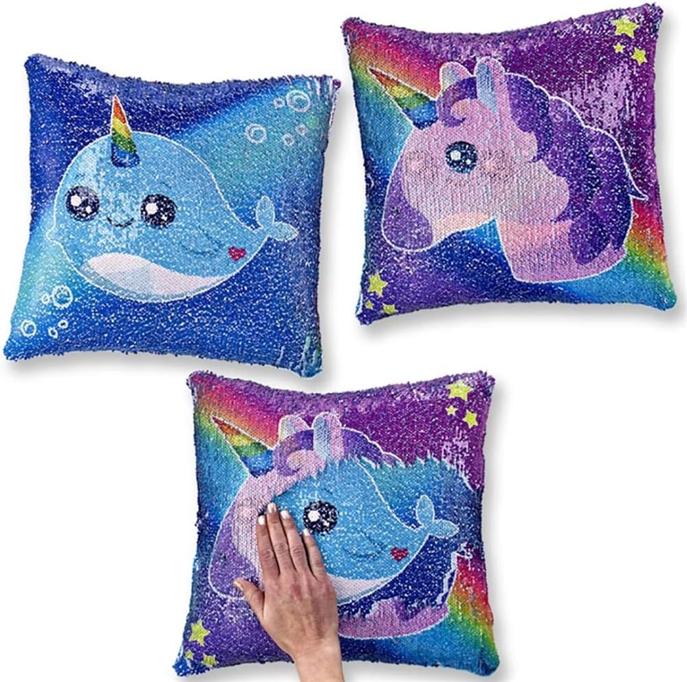 Toynk Reversible Sequin 14" Square Pillow, Unicorn/Narwal