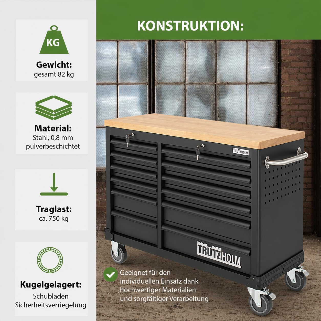TRUTZHOLM Werkstattwagen DELUXE 12 Schubladen leer, Werkzeugwagen abschließbar mit 40 mm Hartholz-Arbeitsplatte, kugelgelagerte Schwerlastauszüge, Rollen mit Feststellbremse, Anthrazit/Grau