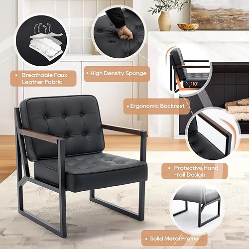 Miniatura 4 de COLAMY Juego de 2 sillas decorativas modernas de mediados de siglo, cómoda silla de sala de estar, silla decorativa de cuero negro, sillón de