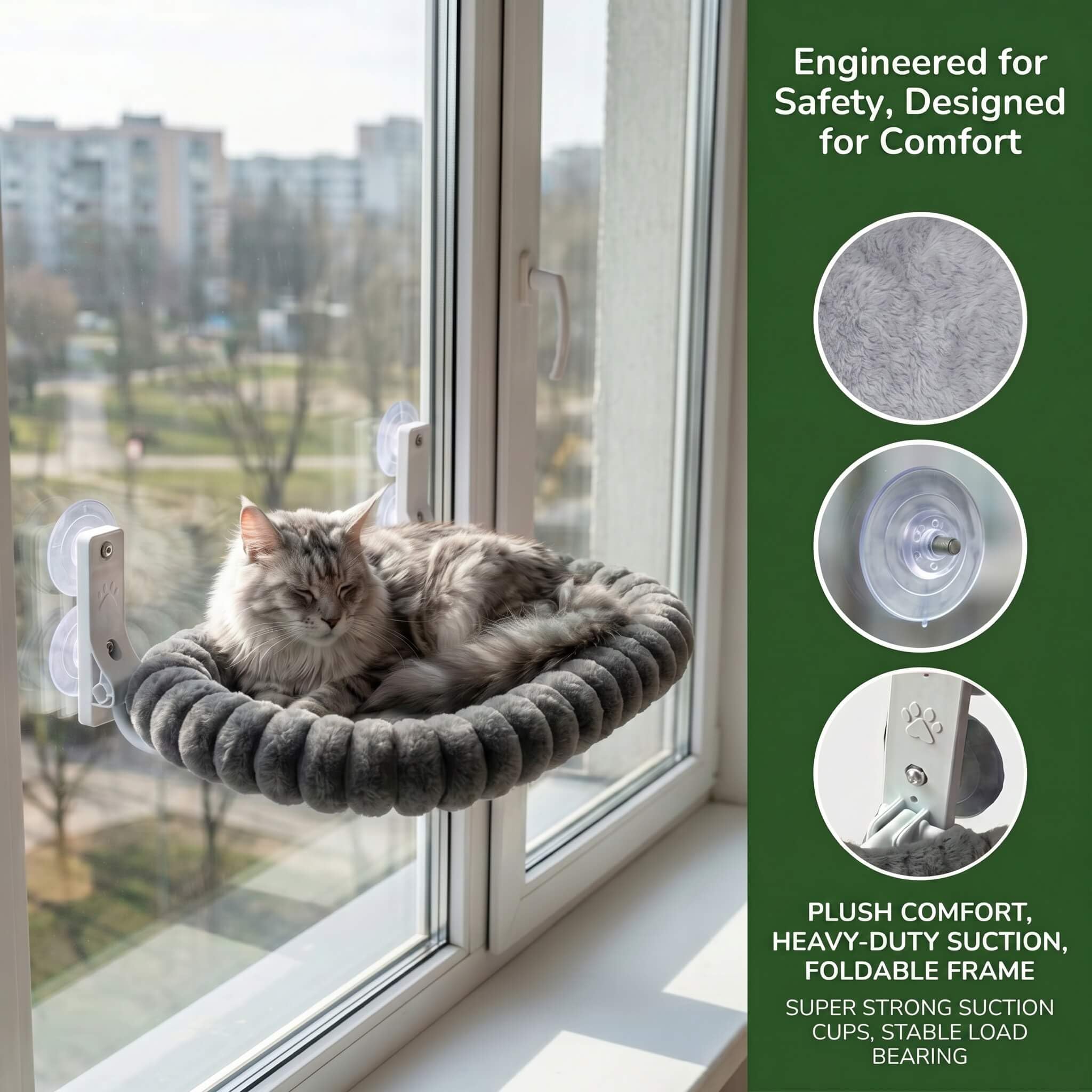 Fensterliege für Katzen, M (52x30cm), Grau | Für Katzen bis 18kg, Katzenhängematte Fenster, Waschbarer Bezug, Flauschiges Katzenbett, Mit Saugnäpfen