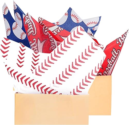 Miniatura 7 de Whaline 90 piezas de papel de seda de béisbol, papel de regalo deportivo, color rojo, azul, blanco, papel de embalaje de béisbol, papel de embalaje