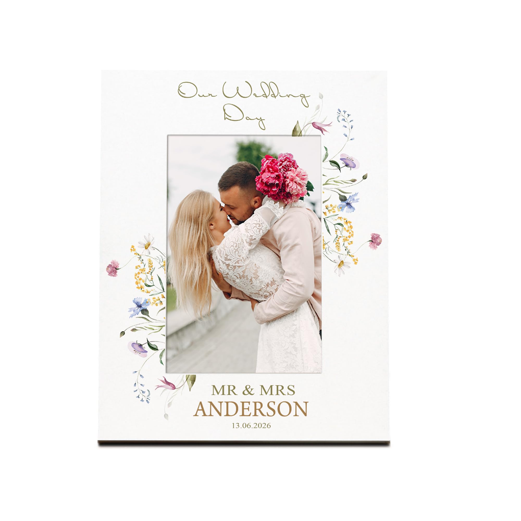 Personalised Wedding Day Photo Frame, Wildflower Design, Engraved Finish, 6x4 Inch, Portrait or Landscape, Wall Hanging, Keepsake Gift