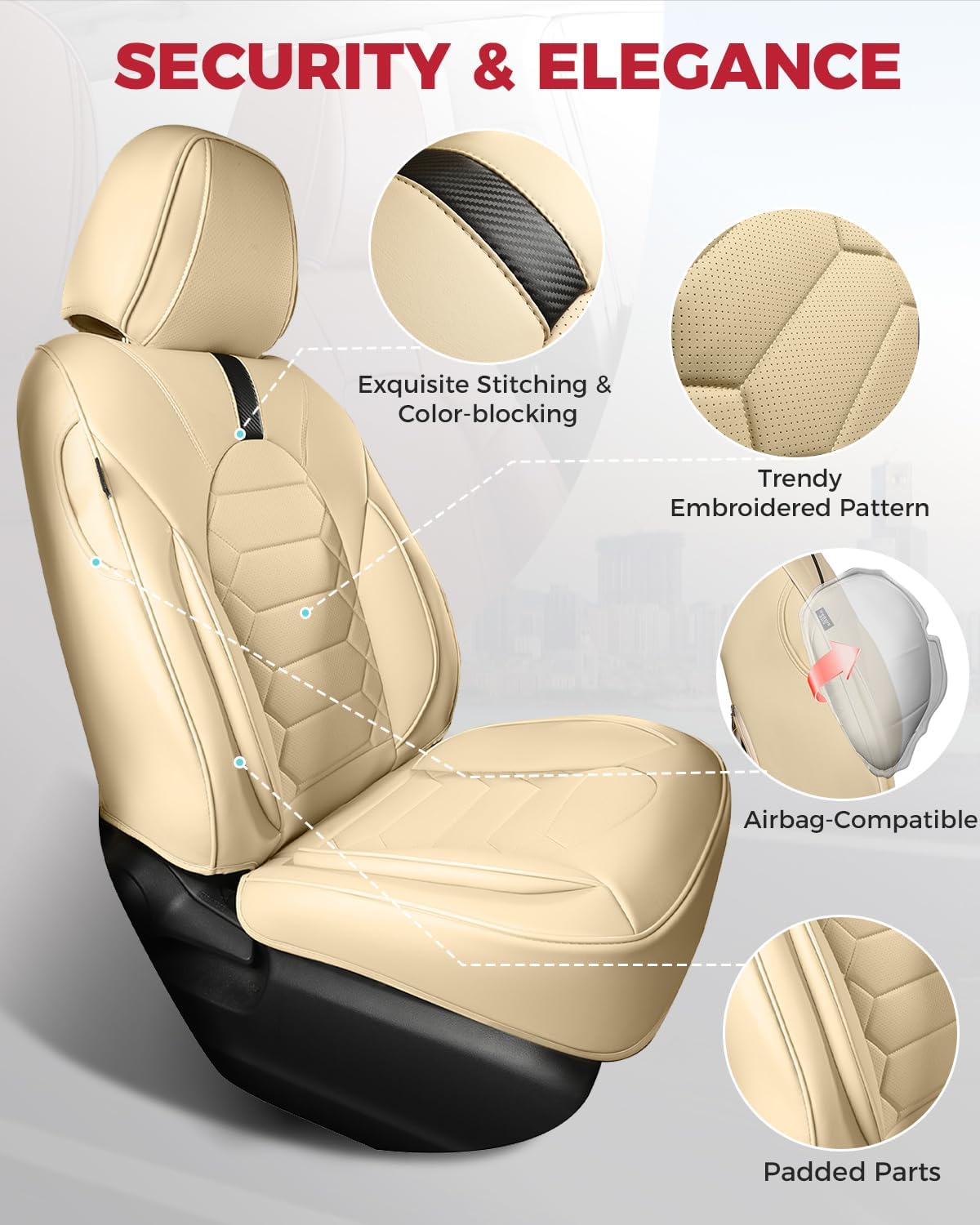 freesoo leather car seat covers - car seat cover full set faux leather with nappa grain - waterproof breathable universal seat covers for most 5-seater suv sedan truck pick-up - beige beige full set