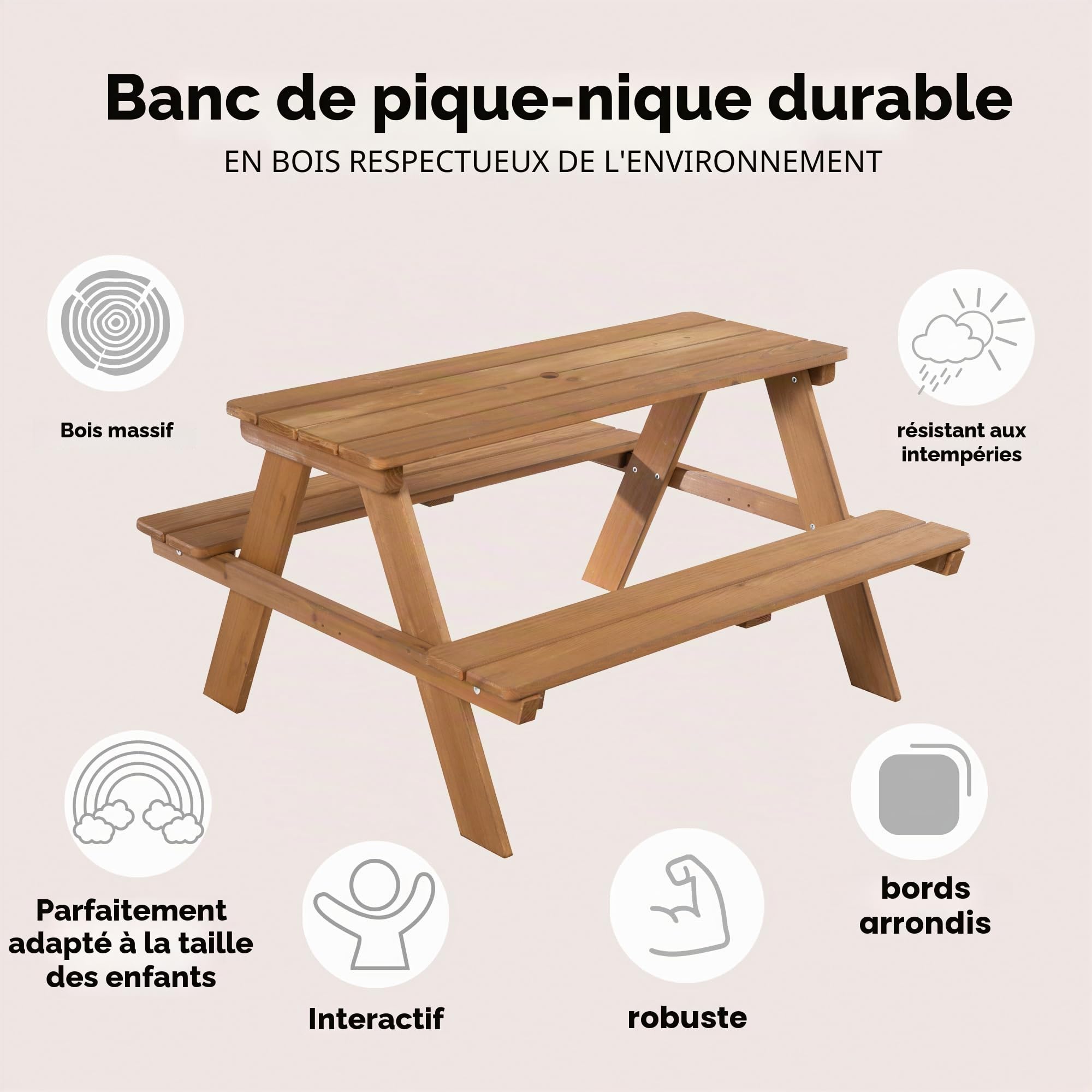 Ensemble de Table et Bancs Picnic Bois Massif Résistant aux Intempéries 4 Places 89 x 85 cm 100 Kg Teinté Teck