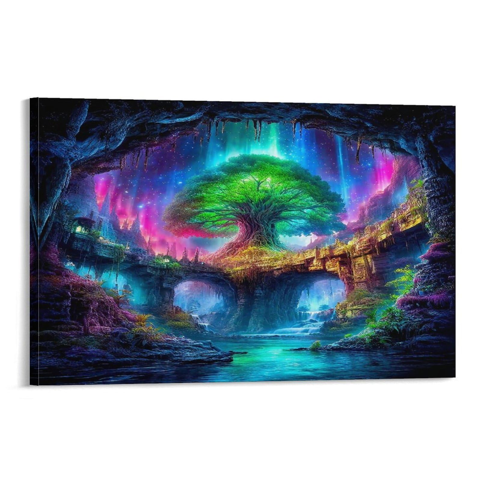 CPLVKWRQJ Stained Glass Tree of Life Single Glowing Magical Cave Ancient Green Tree Canvas Wall Decor - Kitchen Removable Wall Art Multi-Purpose Focal Point Decor 12x18inch(30x45cm)