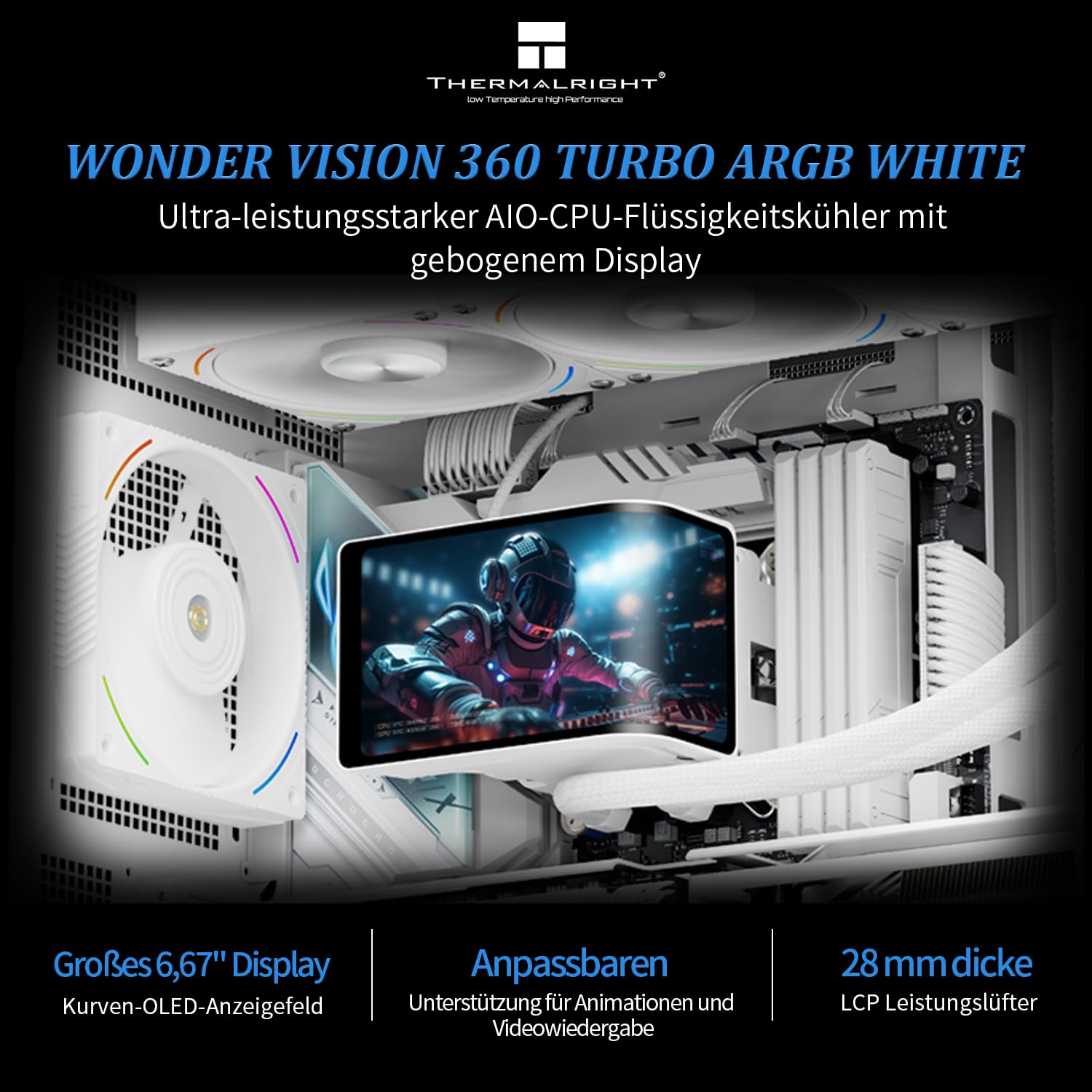 Thermalright Wonder Vision 360 TURBO ARGB Weiß CPU Flüssigkeitskühler, für AM5/Intel LGA1851/1700, 6,67 '' 3D gebogenen Bildschirm mit 2400x1080 Auflösungen, Magnetischer Panel-Bildschirm, 360mm Aio