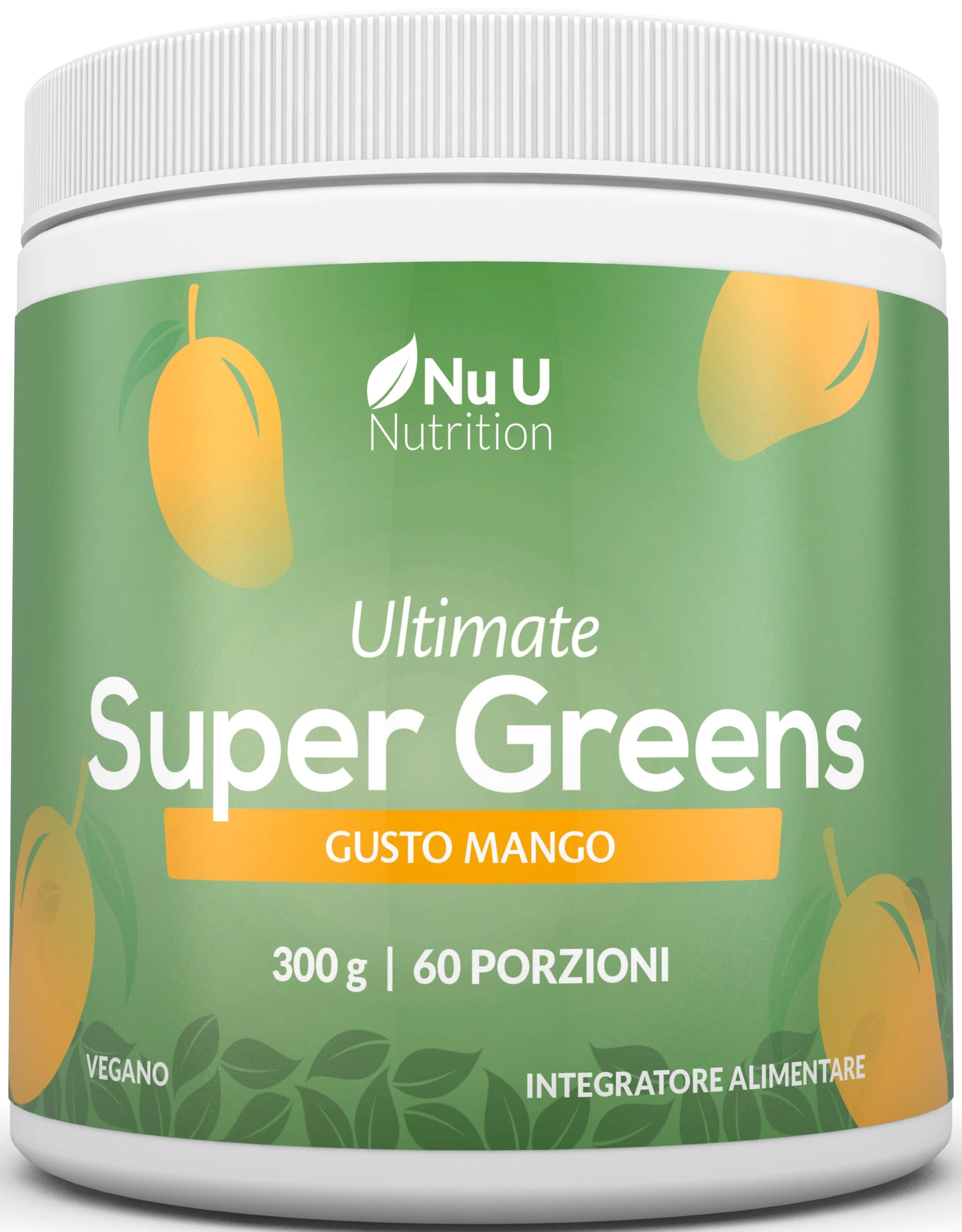Super Greens | Mango | Polvere 300g – 17 Ingredienti Superfood Attivi – 60 Porzioni – Con Inulina, Spirulina, Clorella, Radice di Maca – 100% Vegano – Nu U Nutrition