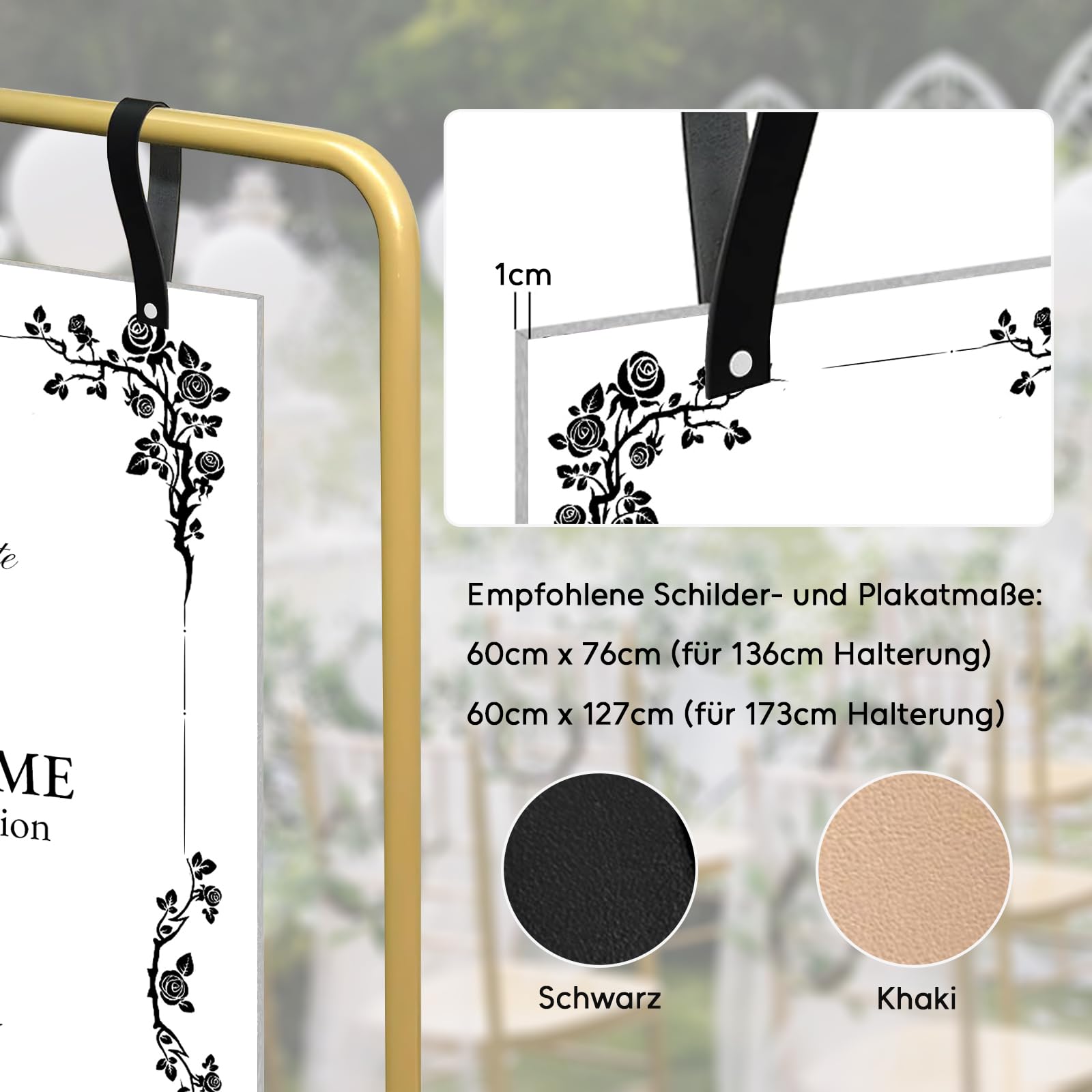 Hochzeitsschild-Halter, 173x80x50cm, Hochzeits-Willkommensschild mit 4 Lederriemen, Hochzeitsständer geeignet für Hochzeitsschilder, Posters, Sitzplan, Reception and Decor (Gold)
