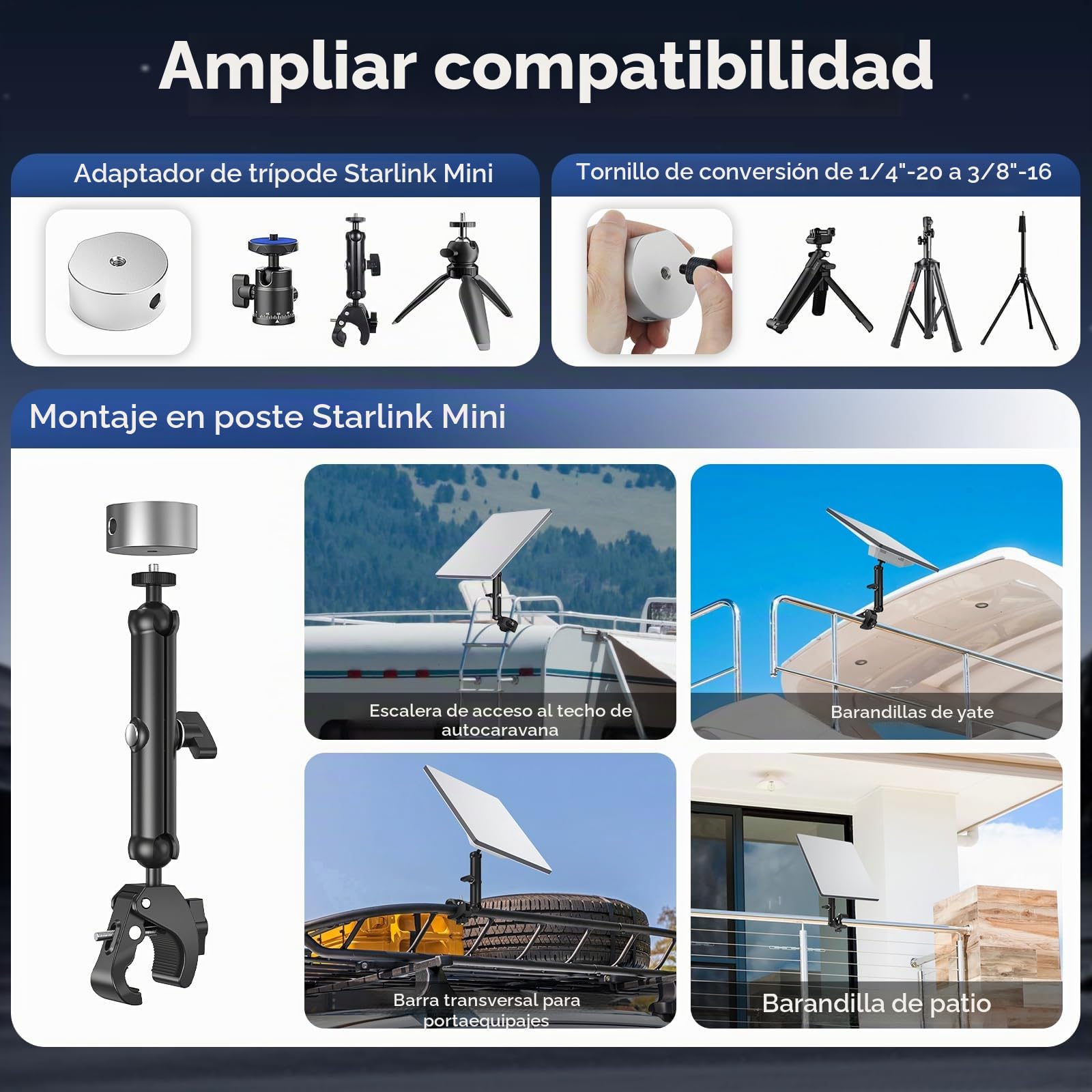XLTTYWL Pole Mount Kit Starlink Mini 2025, adaptador de trípode de aluminio 1/10.2 cm-20 y 3/20.3 cm-16, abrazadera ajustable para StarLink Mini Dishy RV, cámper