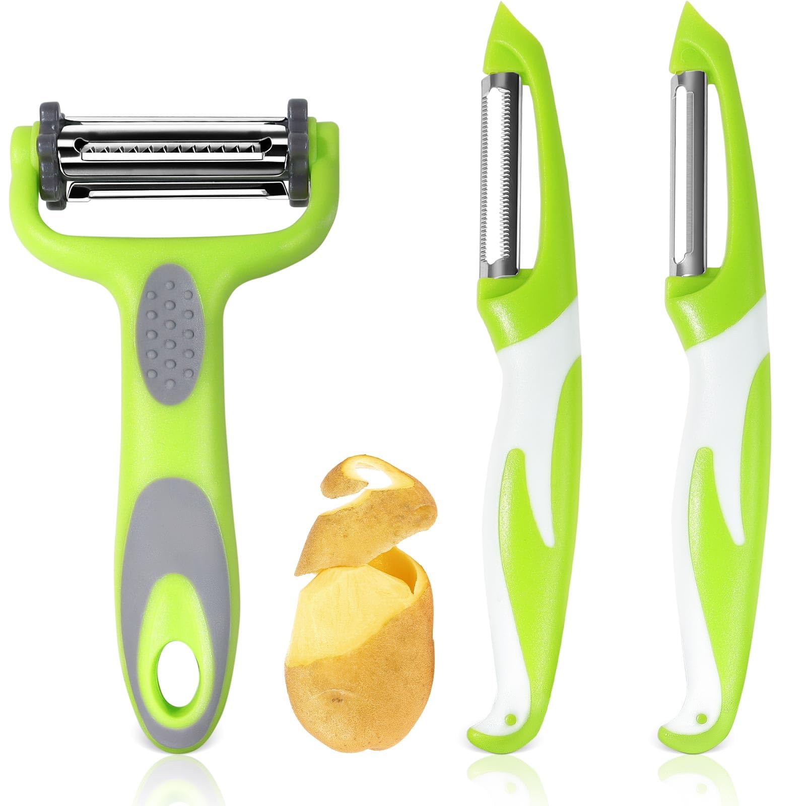 2 stuks Quick Slicing Mes, 3-in-1 multifunctioneel groentemes met verstelbare veer, groenteschiller van roestvrij staal