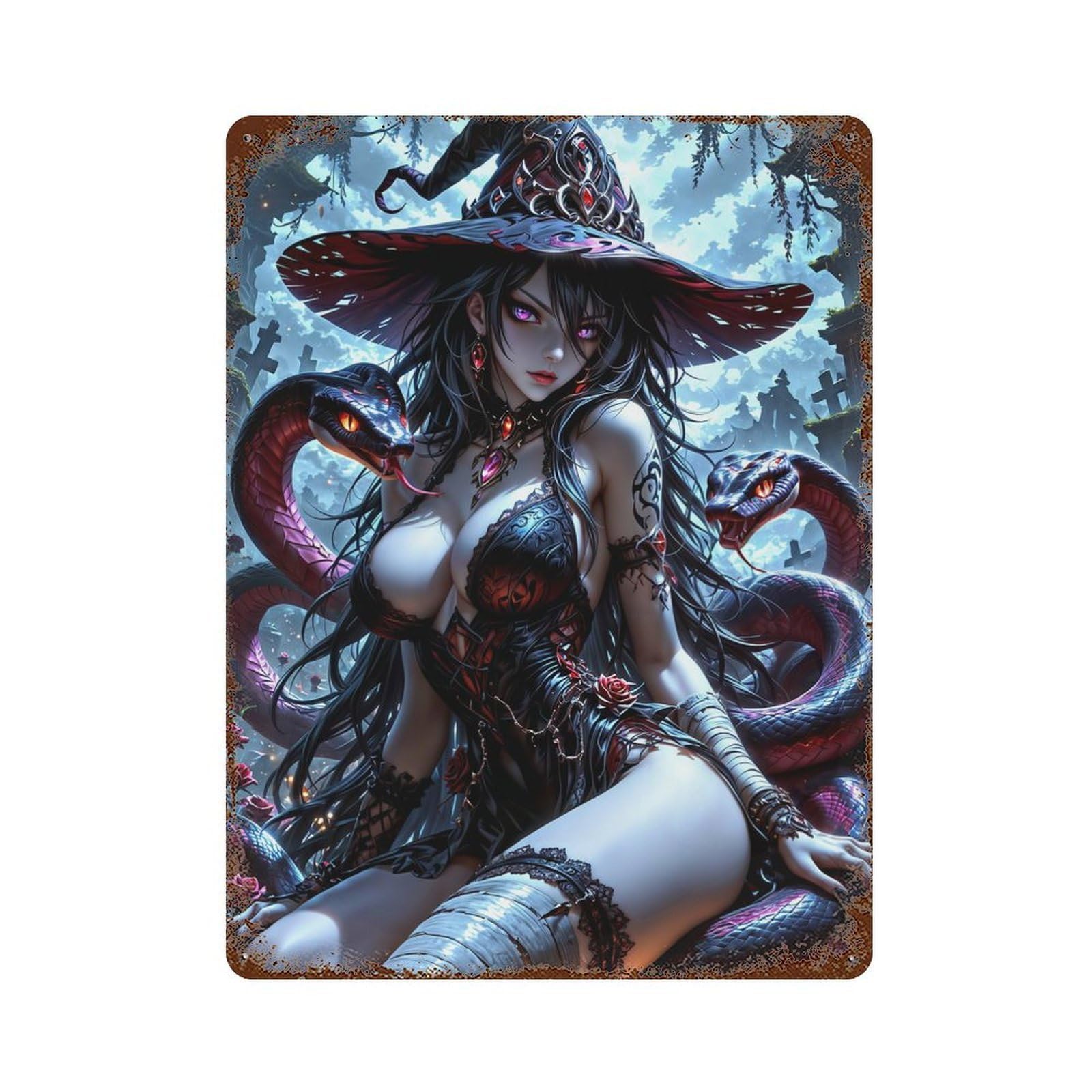 Goth Snake Anime Girl 15.7"x11.8" Vintage Rust Metal Sign, Classic Wall Plaque for Pub, Kitchen And Man Cave Decor