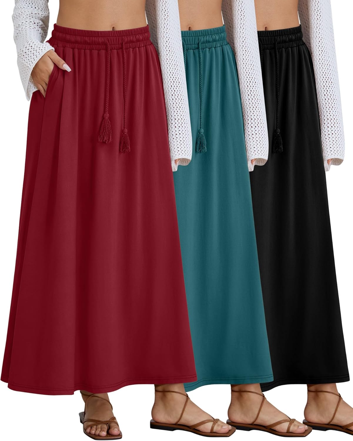 Velvelhall 3 Pack Women's Maxi Long Skirts, Ankle Length a Line Elastic High Waist Flowy Boho Casual Skirt with Pockets