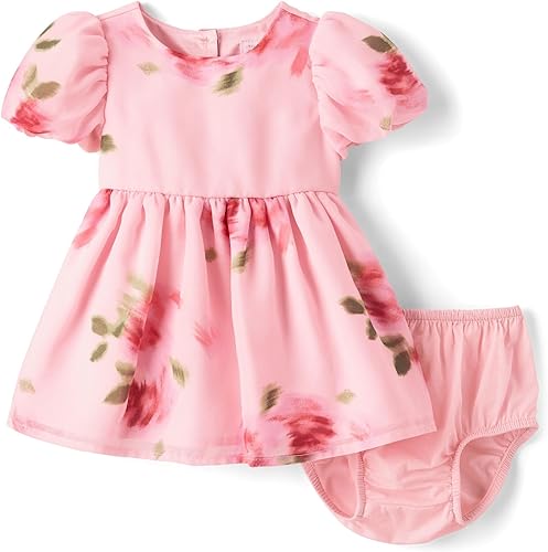 The Children's Place,Baby-Girls,and Newborn Casual Short Sleeve Dress with Diaper CoverPink Floral,0 Months,3 Months