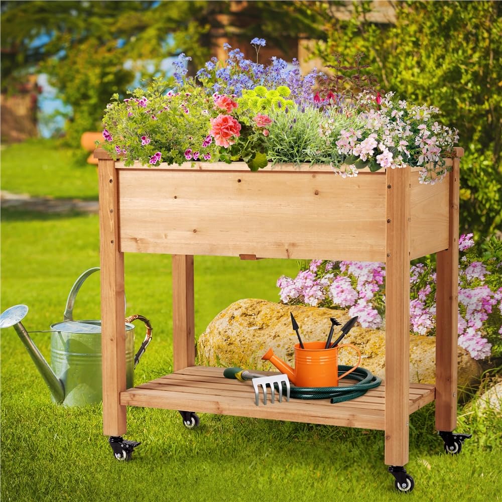 Yaheetech Carré Potager Surélevé Lit de Jardin sur Pieds avec Etagère Inférieure de Rangement en Bois pour Terrasse/Balcon/Jardin 87 x 83.5 x 47 cm