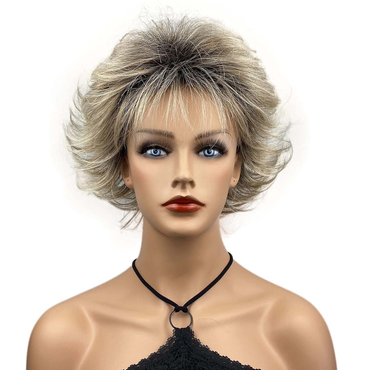 Wiginway Short Ombre Blonde With Black Roots Choppy Layers Synthetic Hair Wigs for Women
