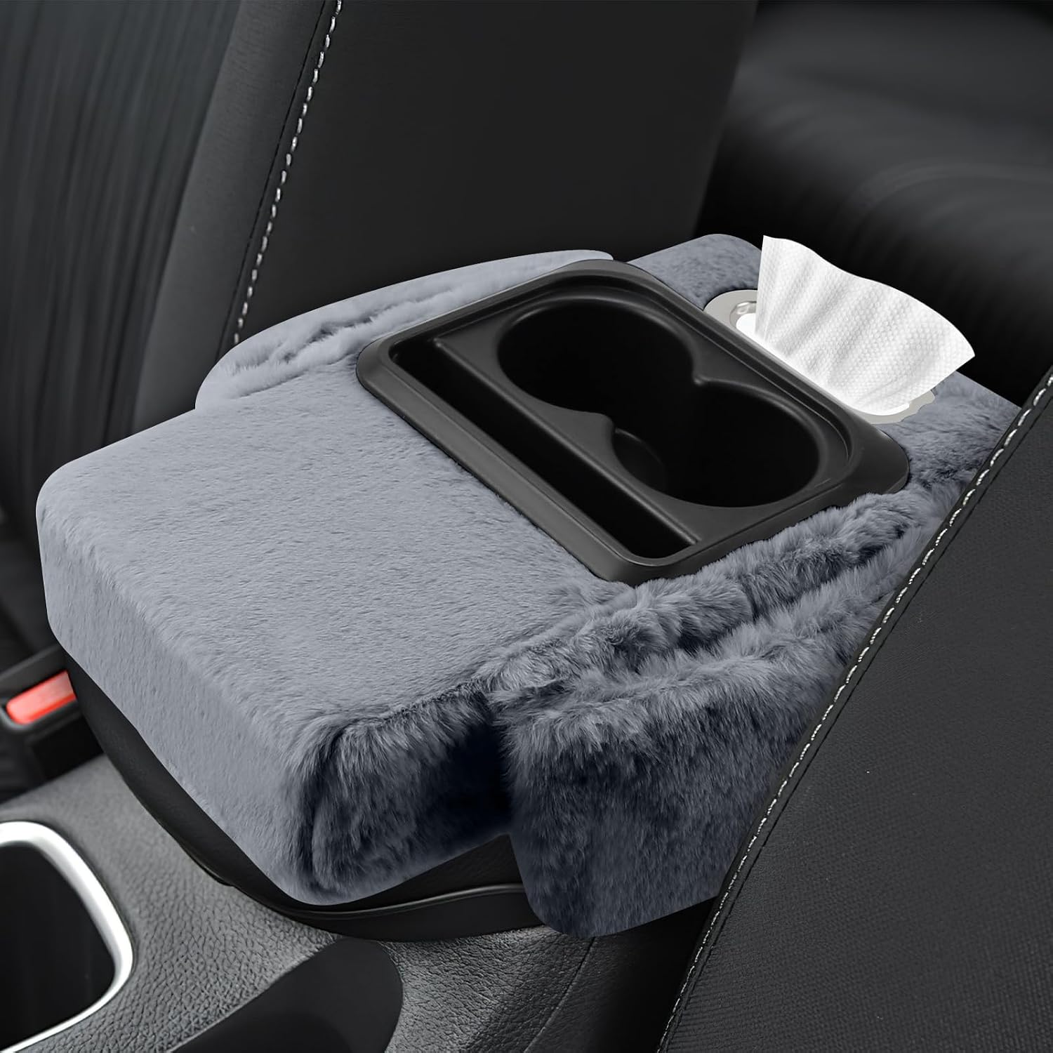 wuyaoyao Car Center Console Armrest Pillow, 13.78"×7.87"×2.76" Soft Plush Arm Rest Cover for Cars, 5-in-1 Warm Fluffy Auto Armrest Cushion Pad w/Pocket, Tissue Box, Cup Holder (Pink)