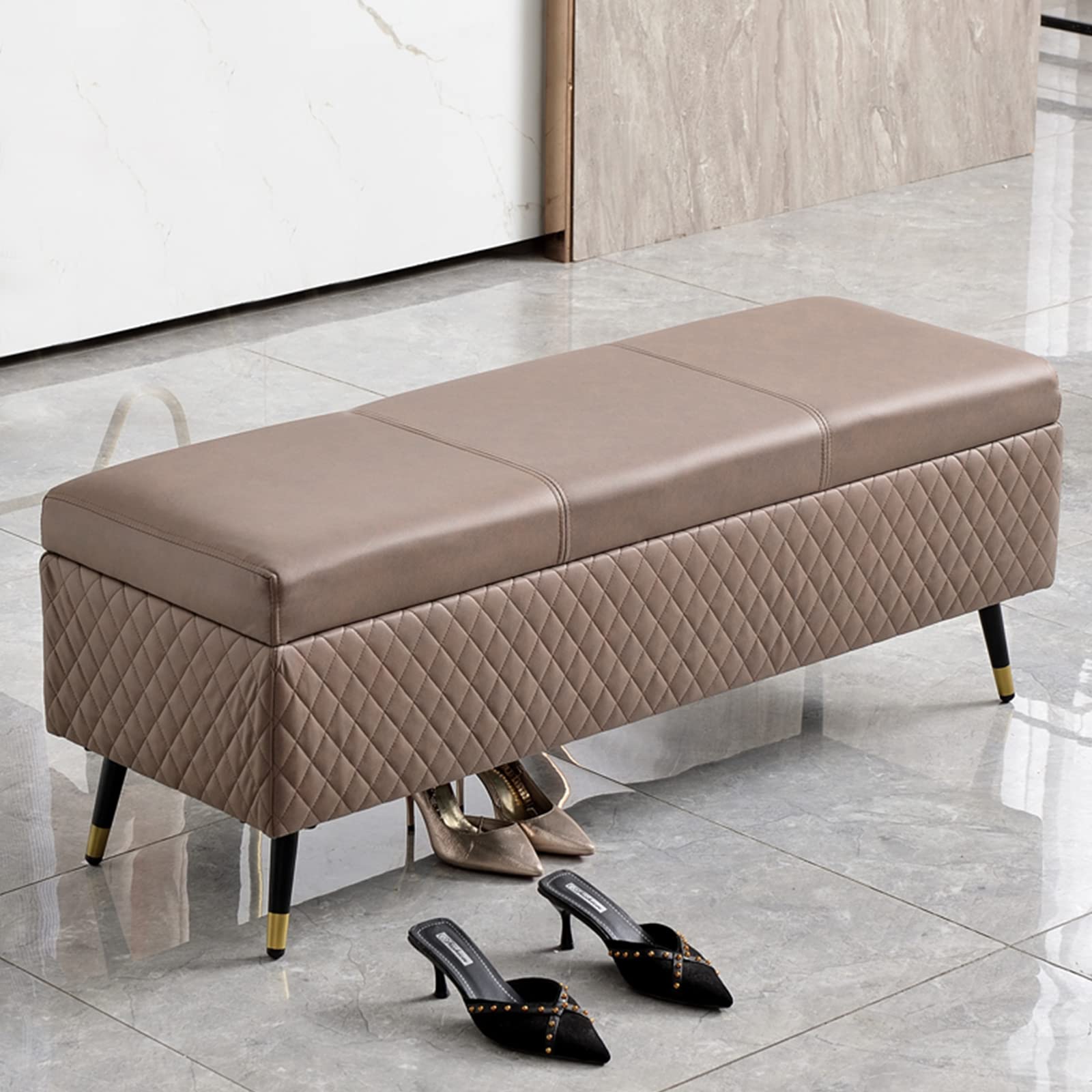 Ottoman rembourré marron 80x40cm, banc coffre de rangement en bois et similicuir