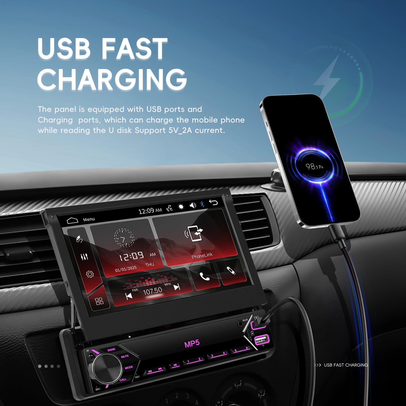 Autoradio 1 Din con Schermo Manuale Retrattile 7 Pollici Touch Bluetooth Mirror Link Cablato per iOS/Android - Controllo Volante, FM Radio e USB Type-C per Veicoli Standard
