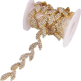 Phicmanlo 1 Yard Crystal Leaves Elegant Rhinestone Trimming for Bridal Dress Garment Sewing Trim DIY Fashion Accessories Rhinestone Chain (Gold)