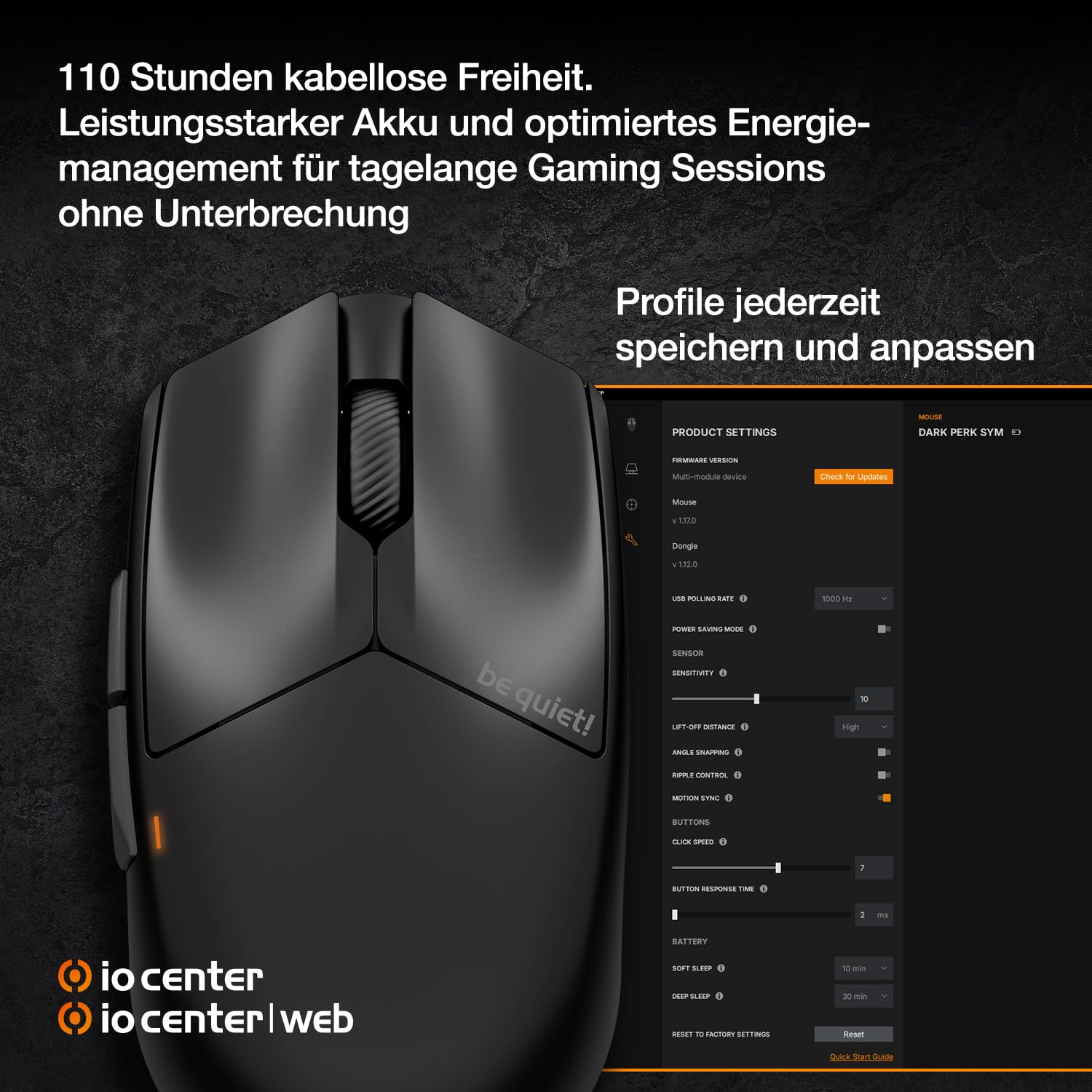 be quiet! Light Mount Mechanische Tastatur und Dark Perk Sym Wireless Gaming Maus-Bundle, Leise Lineare Switches, ARGB-Beleuchtung, 55g, 32.000 DPI, 110h Akku