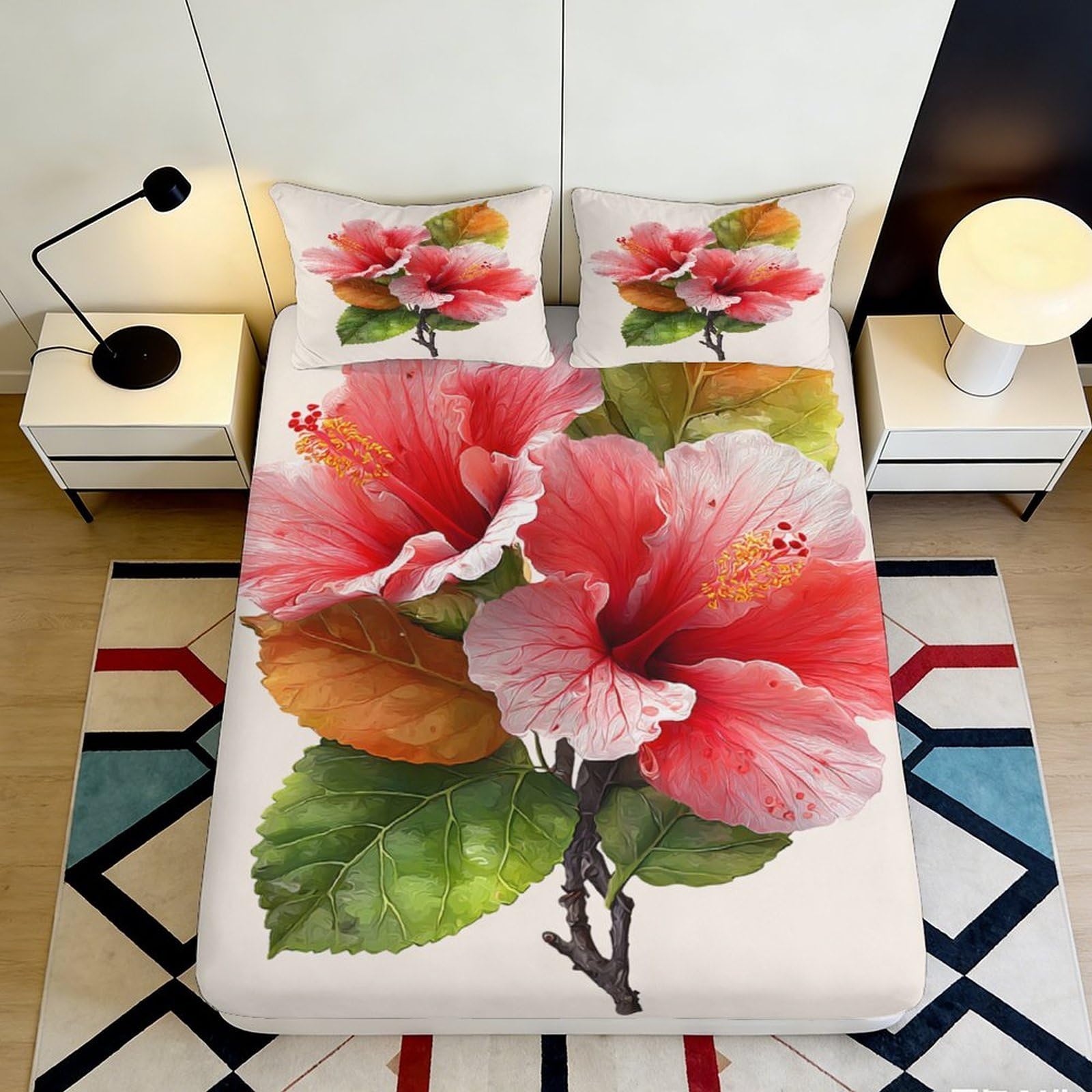 3D Printed Red Hibiscus Flower Fitted Sheet Microfiber Soft Breathable Orange Blossom Mattress Cover for Bedroom Guestroom Decor 90x200x25cm
