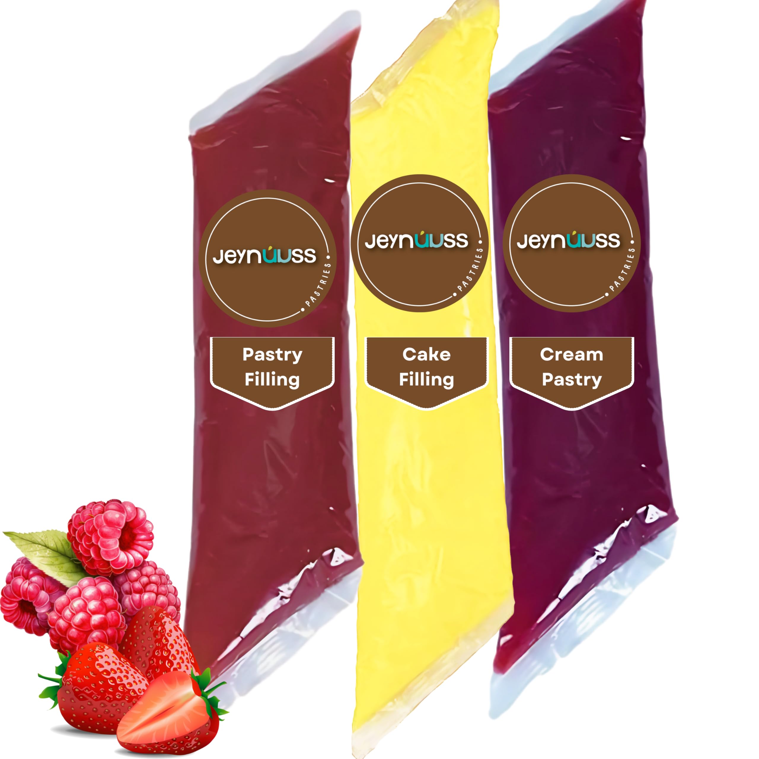 Jeynuuss Pastry Filling 3-Pack, 2 Pounds Bags Raspberry Filling for Cakes Strawberry Filling for Cakes Bavarian Cream Filling Strawberry Pie Filling Raspberry Pie Filling Cheesecake Filling Cake Filling Cannoli Filling