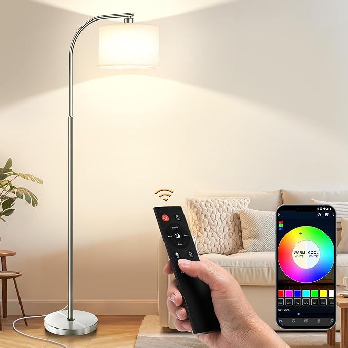 KQW Floor Lamp for Living Room with Remote,Dimmable Standing Lamps,Modern Tall Floor Light with Smart RGB Bulb,App Control,3 Color Temperatures,Fabric Shades,Silver Floor Lamp for Bedroom Corner