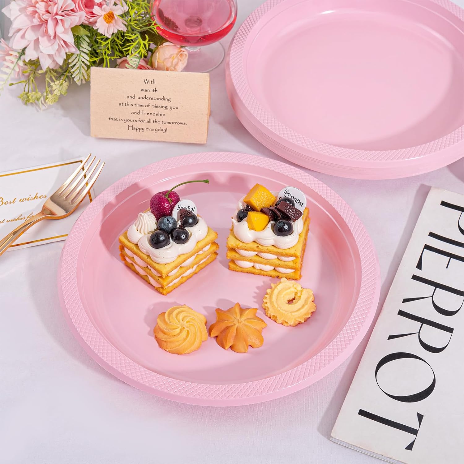 WELLIFE Pink Plastic Plates 10 Inch -150 Count for Party, Disposable Plastic Party Plates for Valentine's Day Easter Mother's Day Baby Shower Dinner Dessert Cake Light Pink