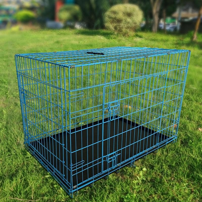 30-Inch Folding Metal Dog Crate for Small and Medium Breeds – Double-Door Kennel with Divider, Removable Tray, and Carry Handle – Ideal for Indoor and Outdoor - Blue