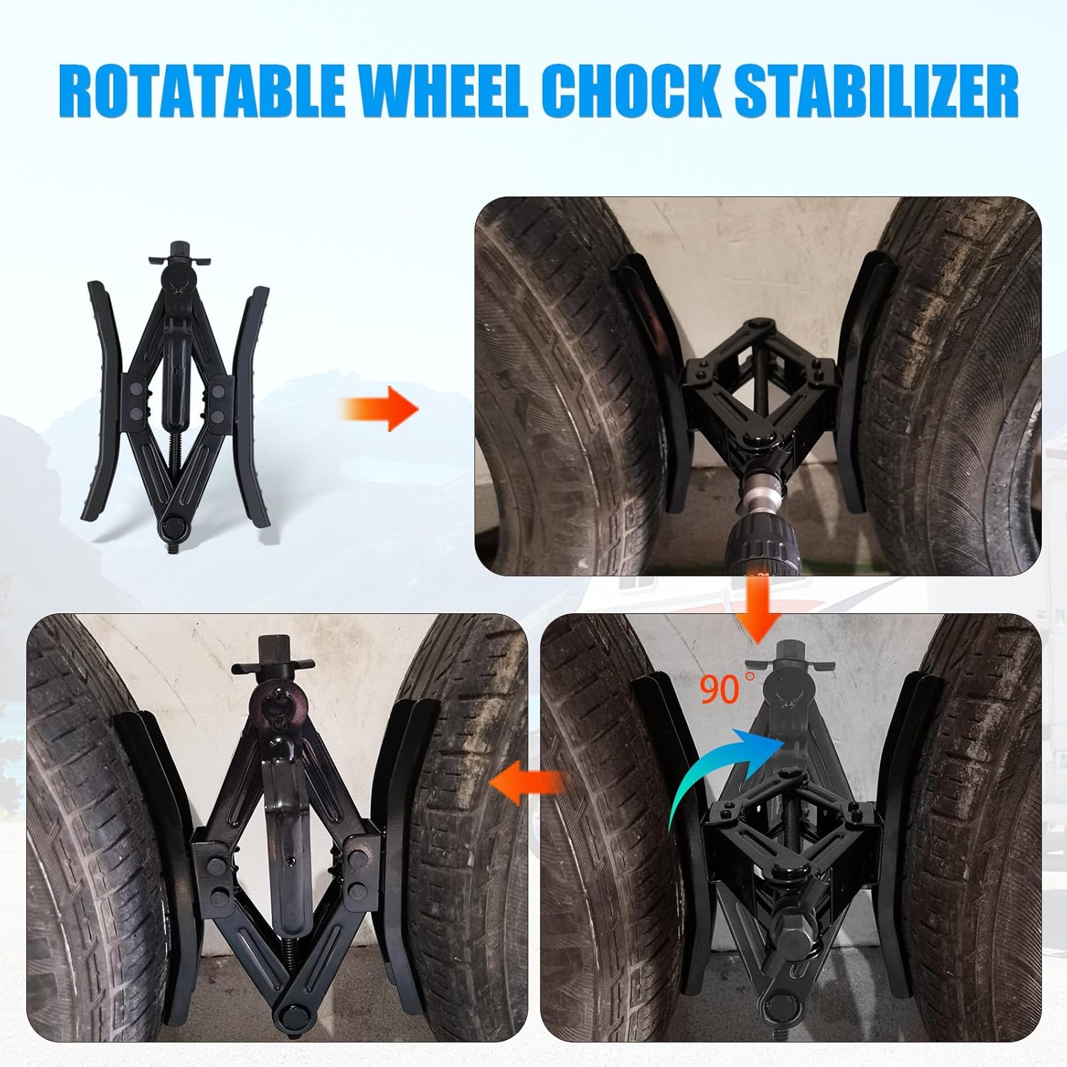RV Rotatable Wheel Chock Stabilizers (Drill Adjusted), Camper Heavy Duty Tire Chock Stabilizers, Travel Trailers Wheel Chock Scissor 2 Sets with Ratchet,hex Socket,Gloves (Black-Turn)