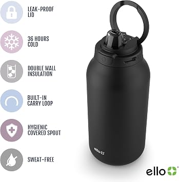 Ello Hydra 64oz Stainless Steel Water Jug with Locking Leak Proof Lid | Reusable Half Gallon Vacuum Insulated Metal Bottle with Silicone Straw, Keeps Drinks Cold All Day, Gift Ready, Black