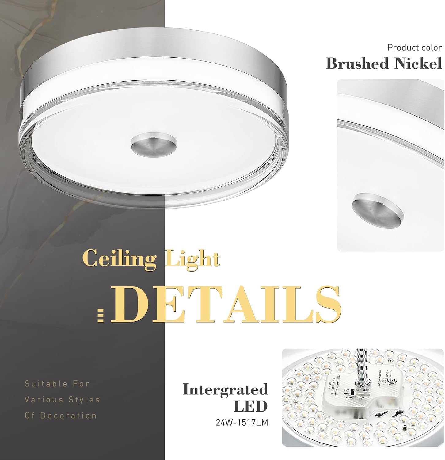 zeyu Ceiling Light Fixture 24W LED, 12 Inch Flush Mount Ceiling Light, Dimmable 5CCT Adjustable, 1517LM Brightness, Brushed Nickel Finish, ZTH98F-LED BN