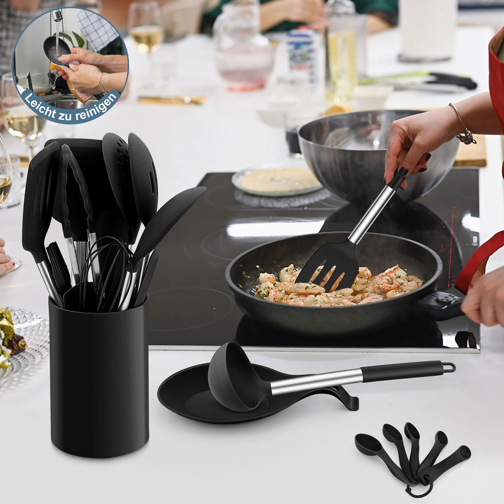 HaWare Lot De 20 Ustensiles De Cuisine En Silicone Premium Avec Poignées Inoxydable - Résistants à La Chaleur Jusqu'à 230°C, Kaki, Avec Porte-Ustensiles Et Lave-Vaisselle