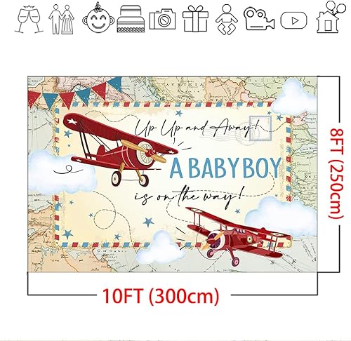 Miniatura 4 de Mocsicka Telón de fondo rojo de avión para niño, baby shower, mapa de aventura de avión vintage, un bebé niño está en camino, fondo de fiesta de