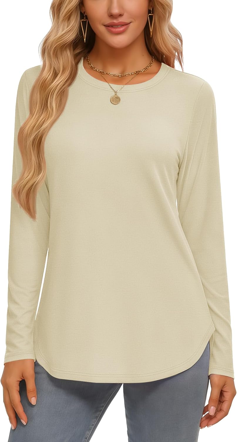 YUCOLEN Womens Tunic Tops Long Sleeve Shirts to Wear with Leggings Loose Fit Crewneck Curved Hem Basic Casual - Image 2