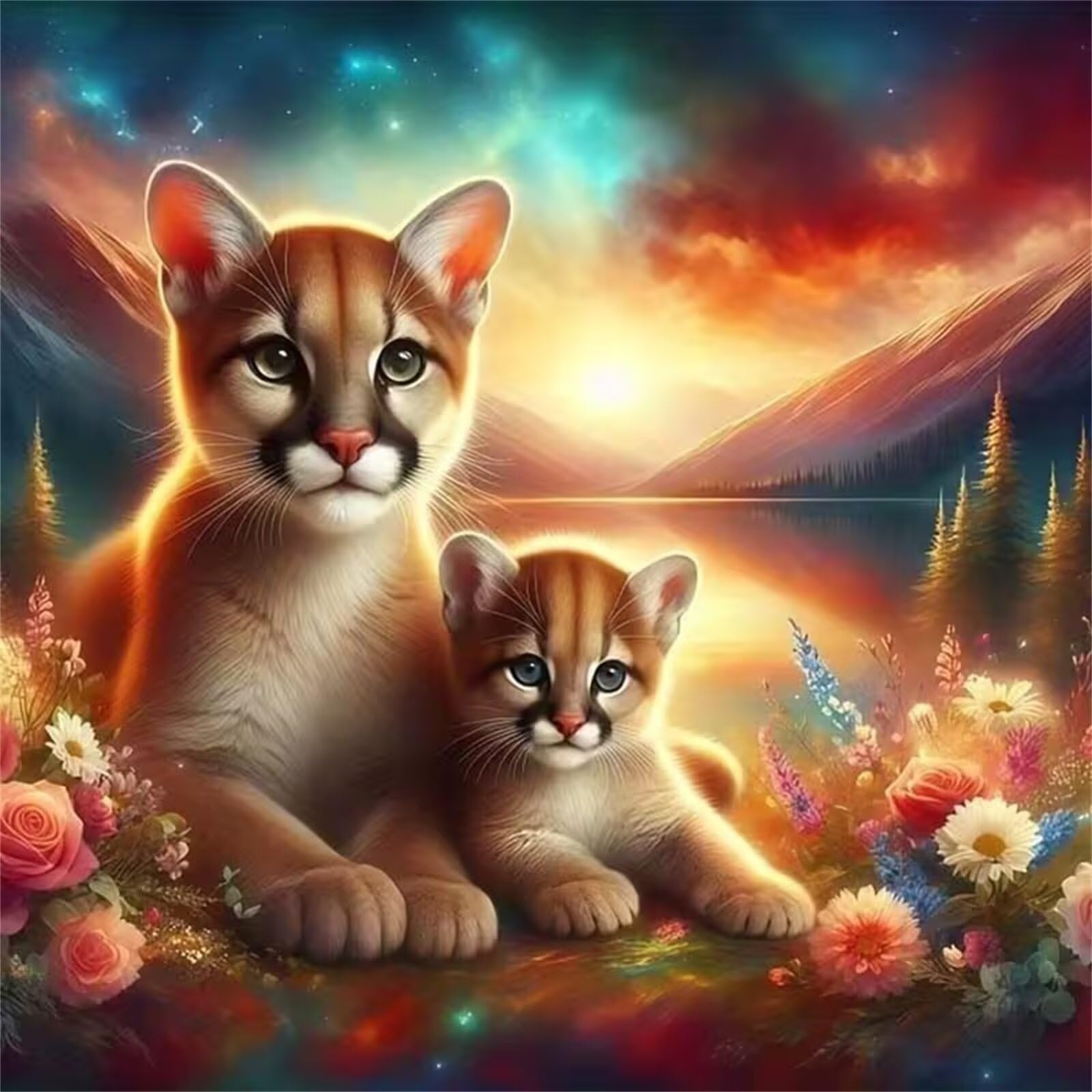 Diamond Painting Leones de flores al atardecer,5D Diamond Painting Kit Completo,DIY Cuadros de Diamantes para Adultos,Rhinestone Bordado Punto de Cruz Manualidades Hogar Pared Decoración 55x55 cm